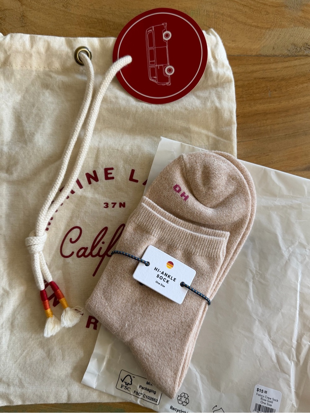 Marine Layer OH HEY Rose Gold Fancy Crew Socks with Cotton Gift Bag!!New!!